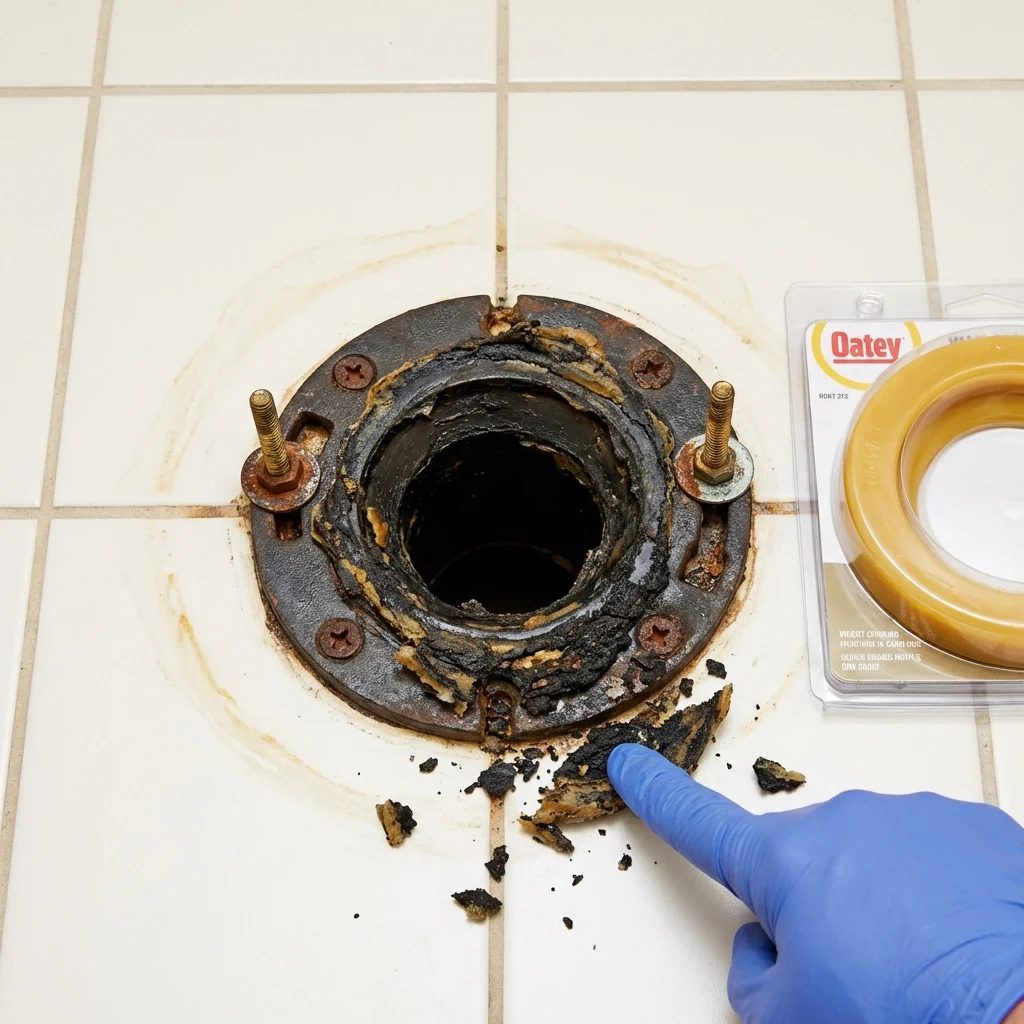 Failed wax ring showing water seepage at the base of a toilet in a Tryon, NC home