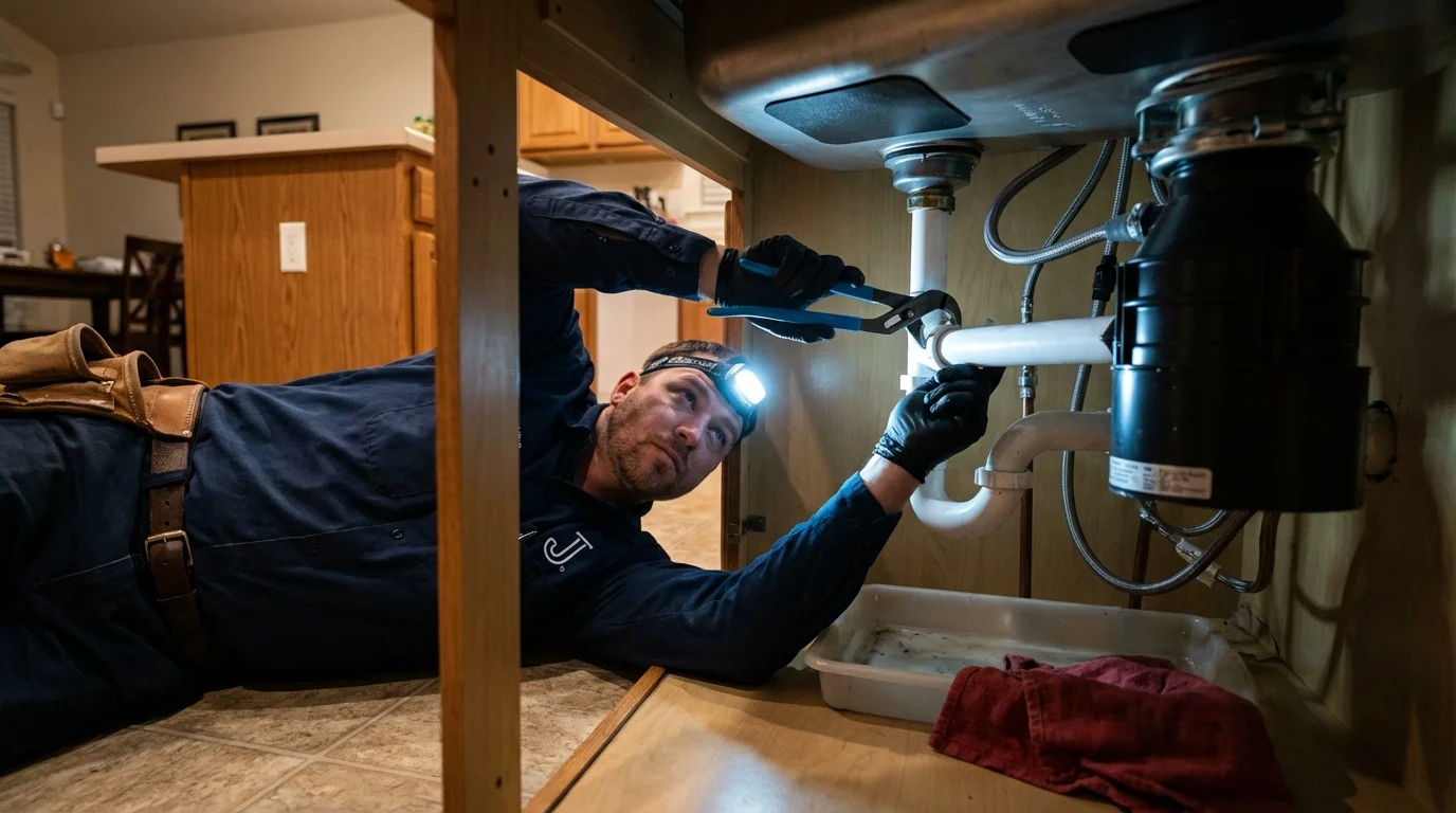 P-trap and supply line connections under a kitchen sink showing a common leak point in Tryon, NC